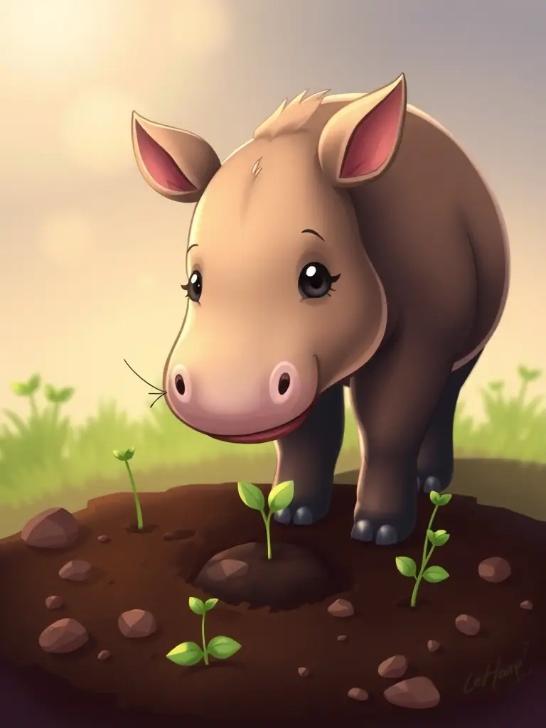 A digital illustration of a tapir planting a seed in fertile ground, symbolizing the initial launch of TapirTales.
