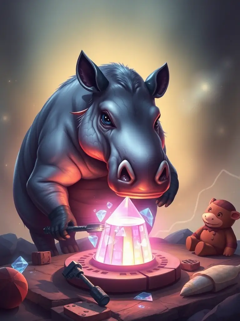 A stylized graphic of a tapir building a digital structure, symbolizing the development of new features and utilities for the TAPR token.